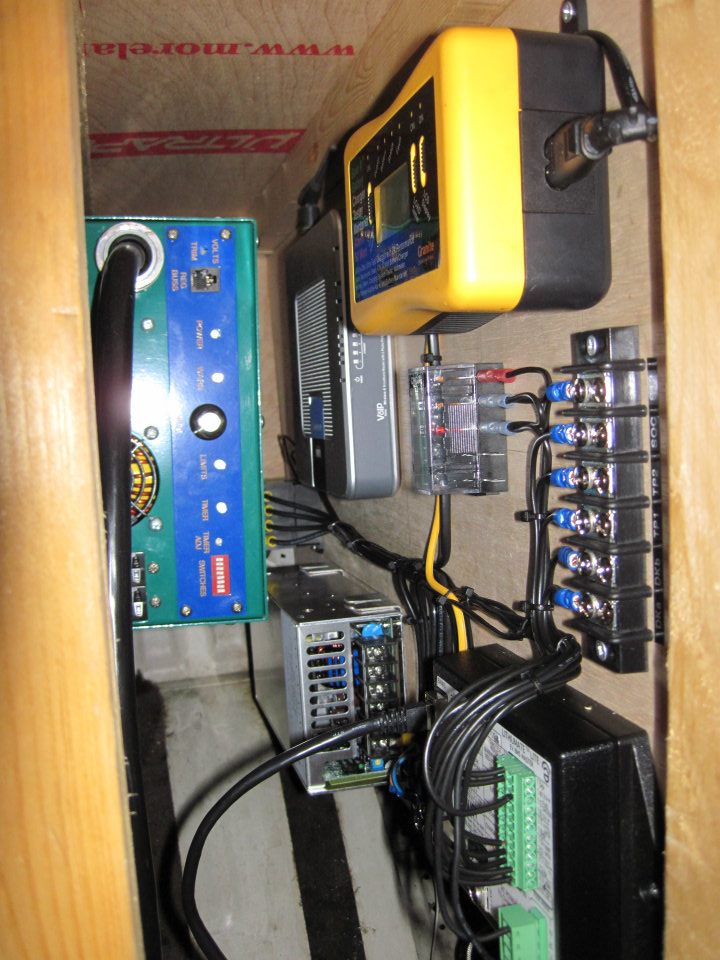 BMS panel mounted on inside small cabinet with the charger.
