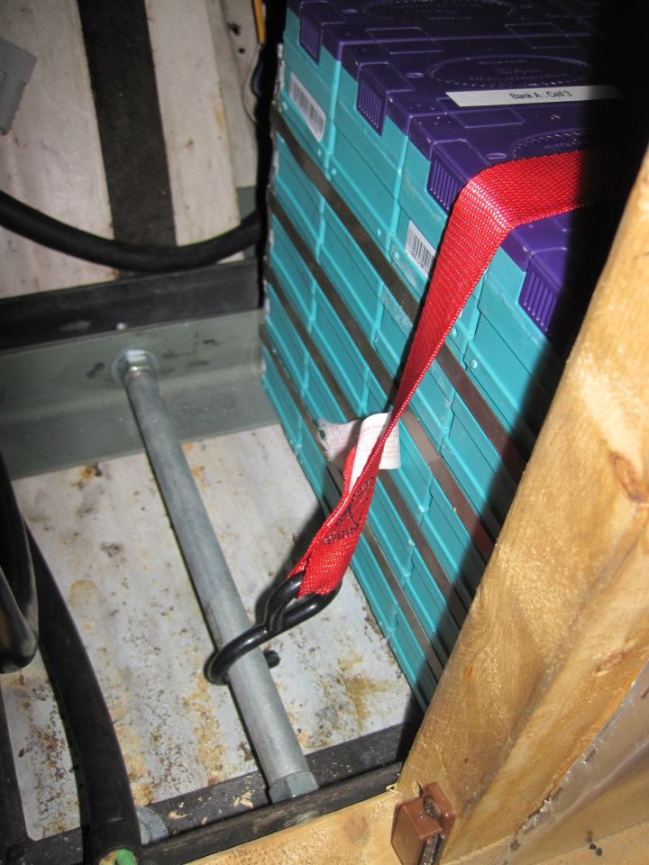 Close up of new battery racks, two straps will be used to hold the batteries in place.